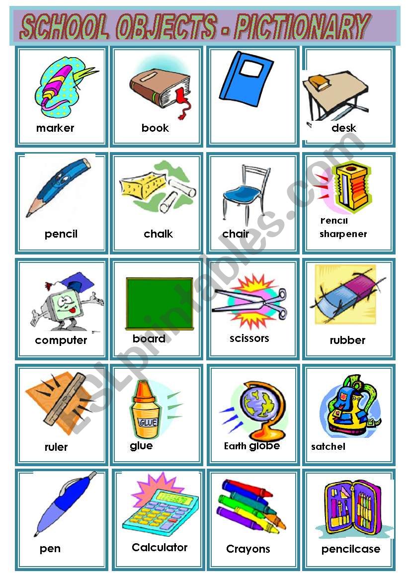 School objects pictionary worksheet