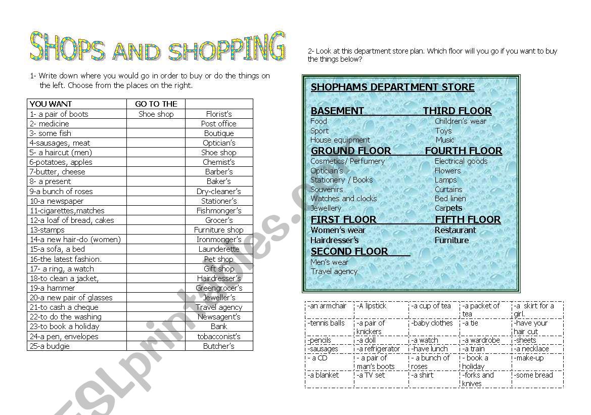 shops and shopping worksheet