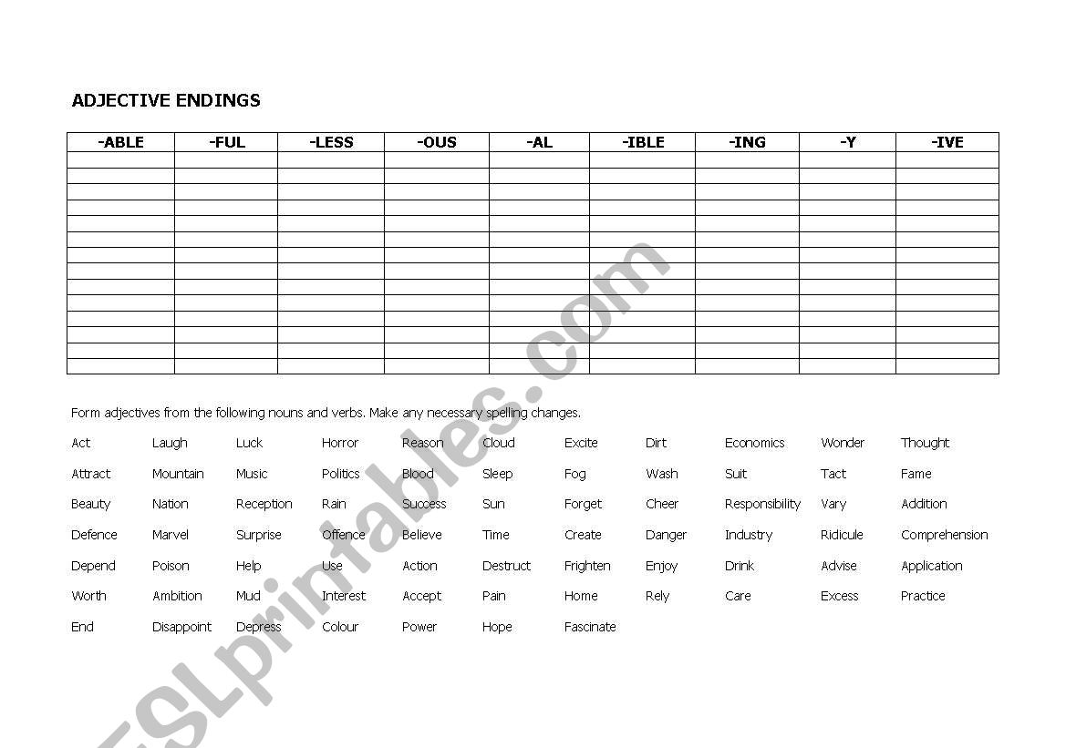 ADJECTIVE ENDINGS worksheet