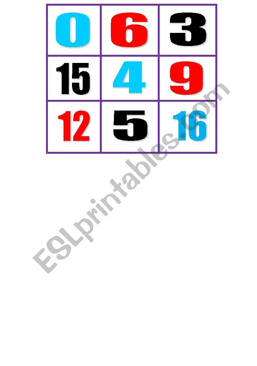 bingo with numbers and colours (from 0 to 20)