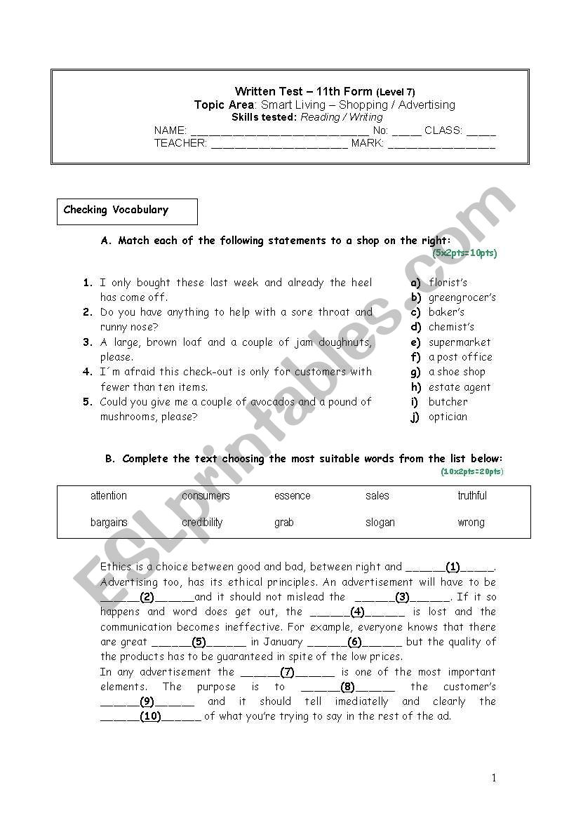 Shopping and advertising worksheet