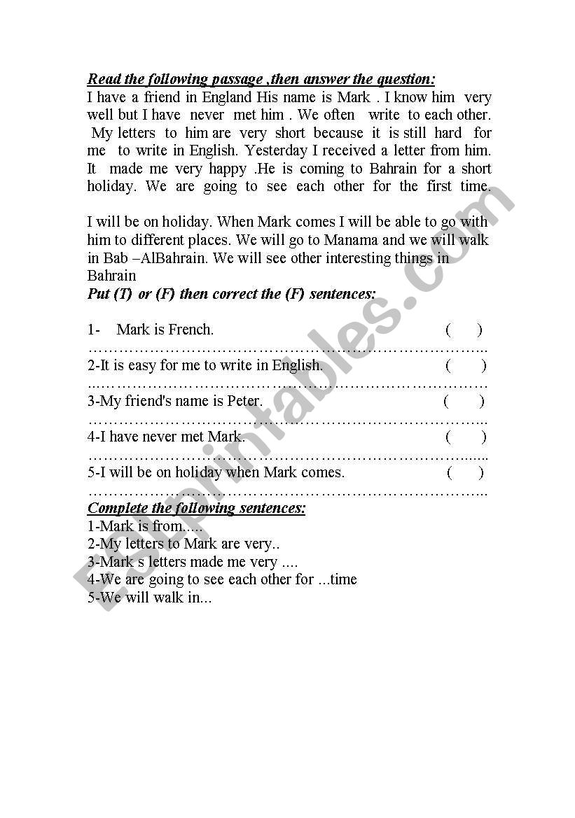 reading worksheet