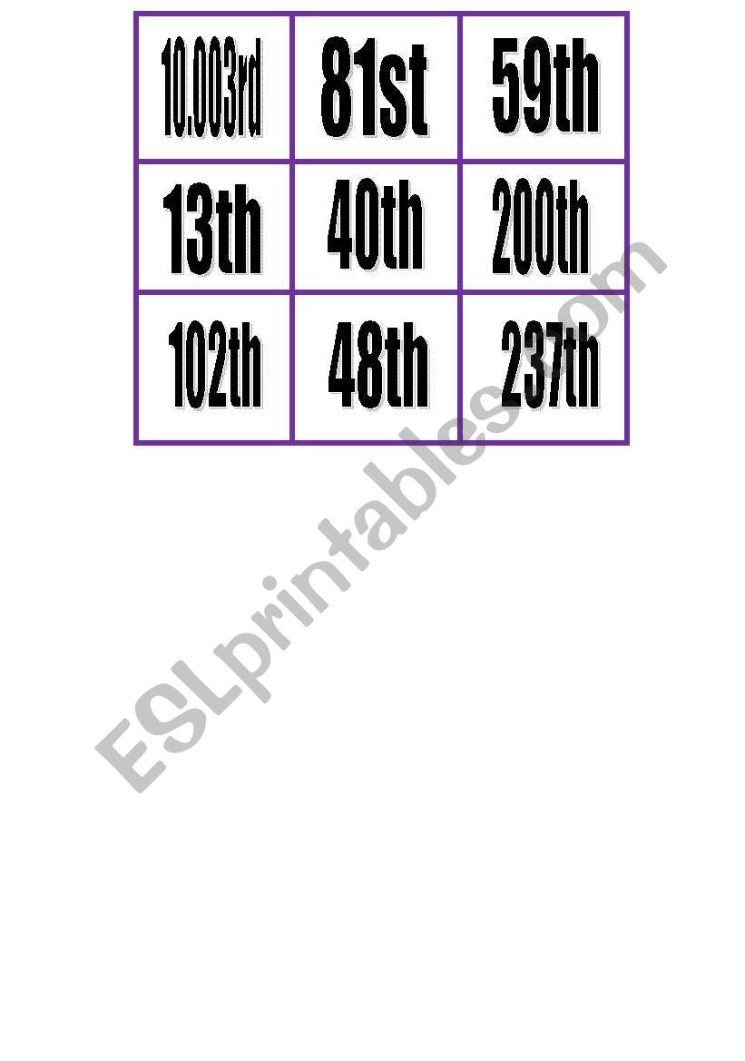 bingo with ordinal numbers worksheet
