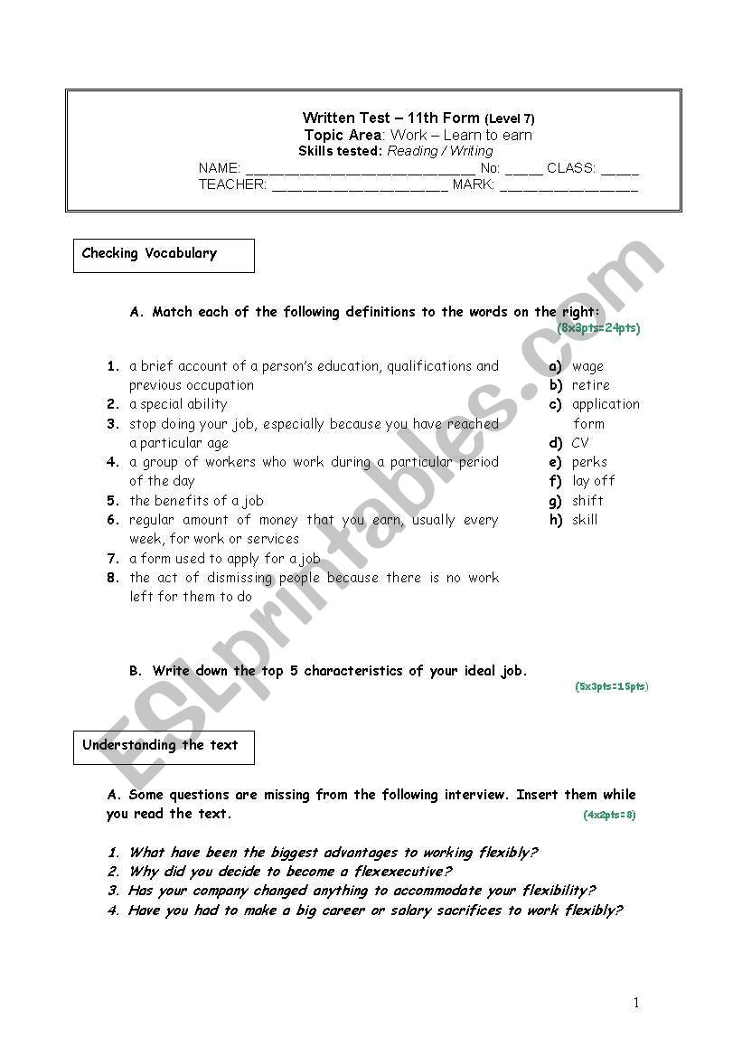 Work - learn to earn worksheet