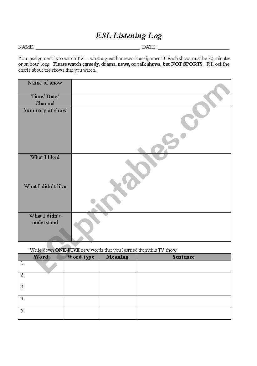 Listening Log worksheet