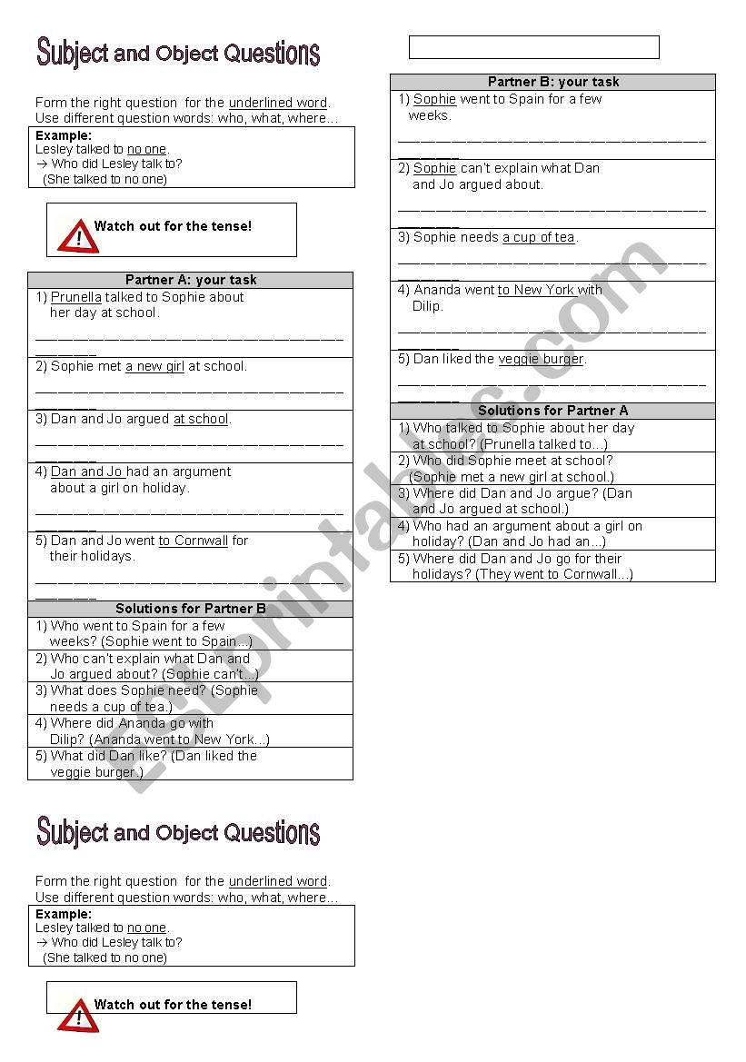 subject and object questions, tandem activity