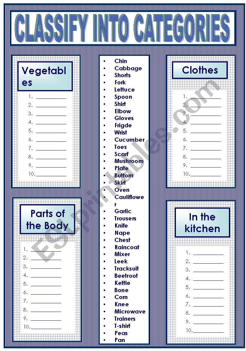 CLASSIFY INTO CATEGORIES worksheet
