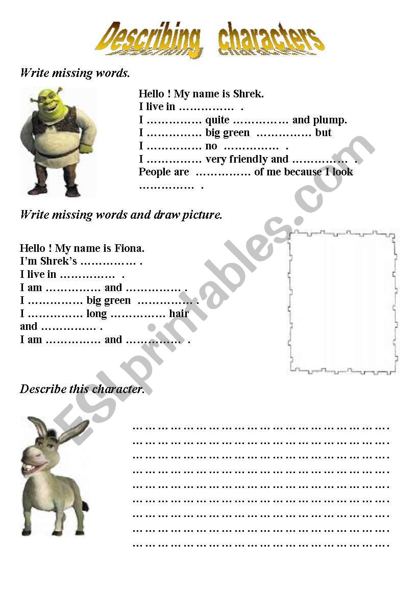 describing characters worksheet