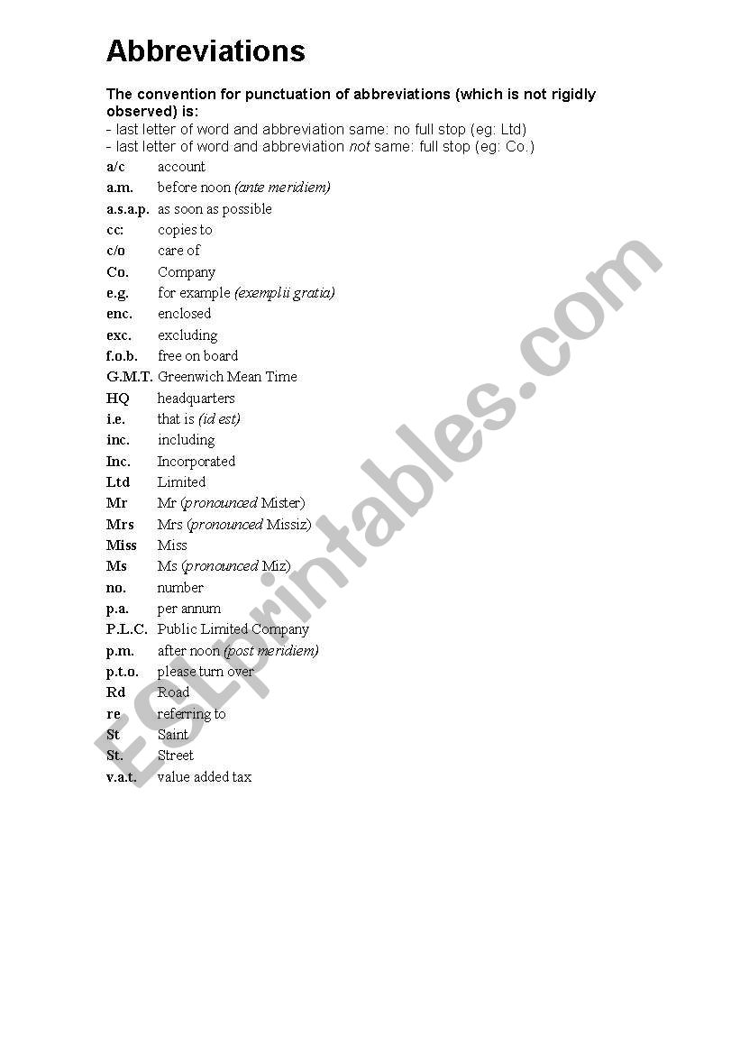 Abbreviations worksheet