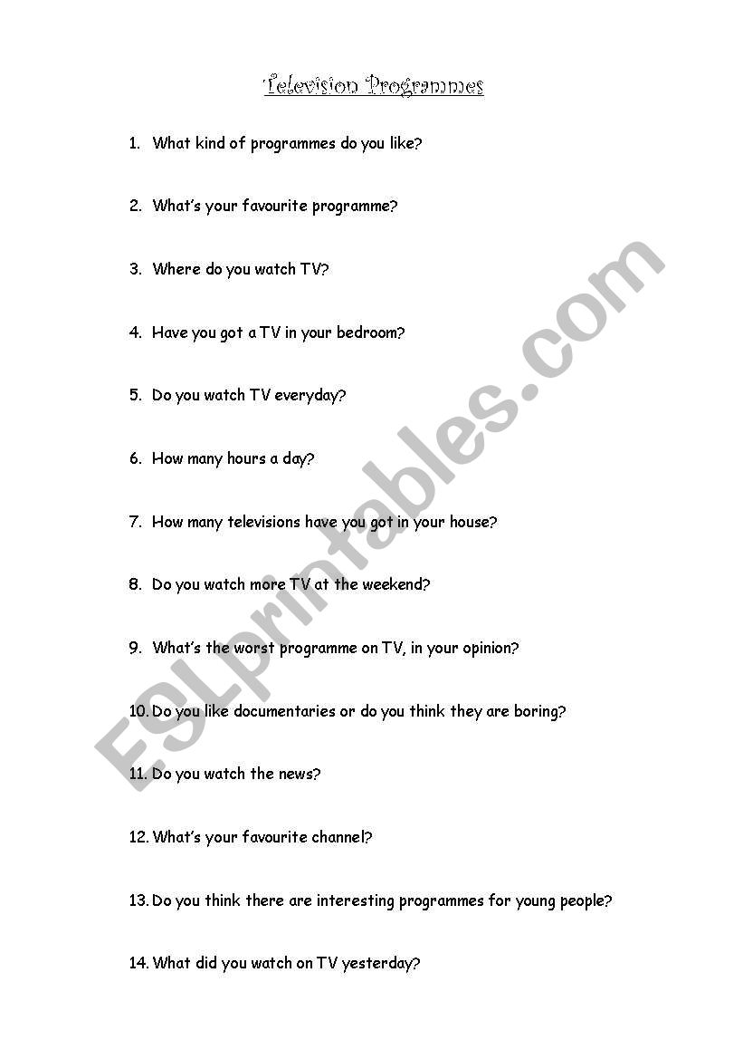 Television programmes worksheet