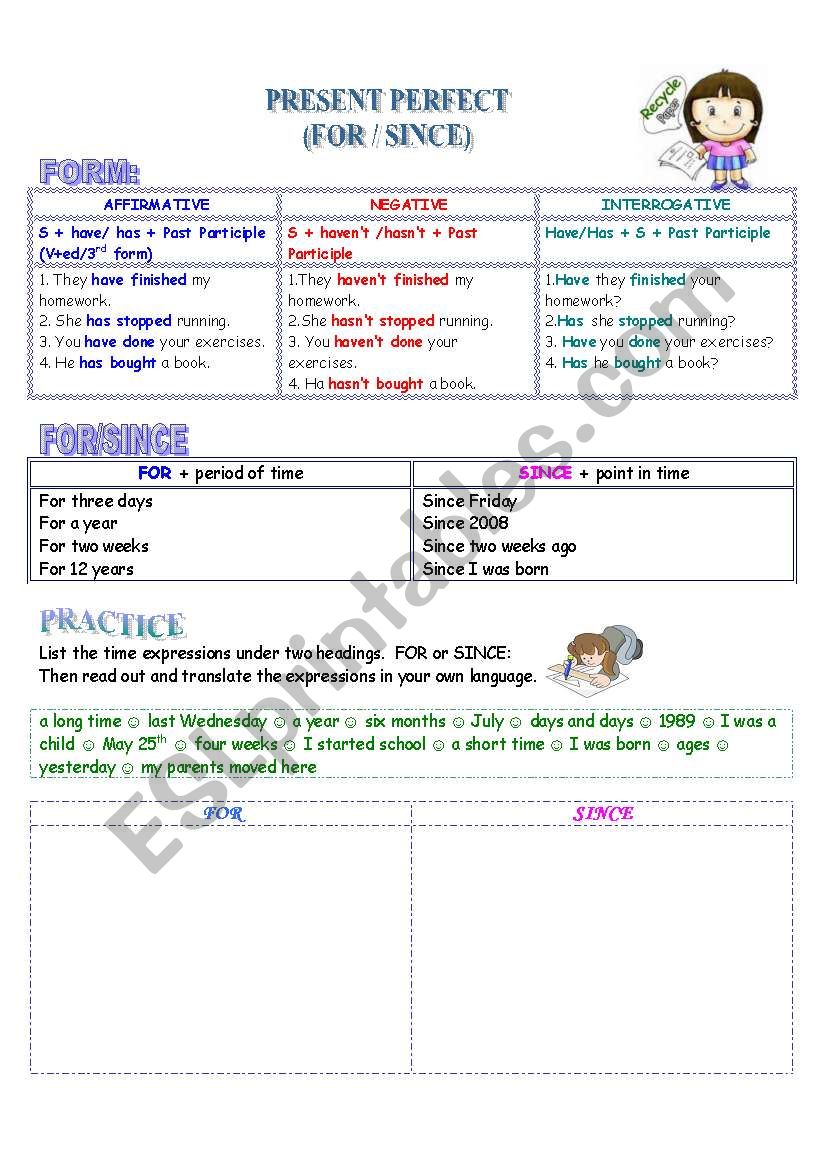 Present Perfect Simple with For and Since