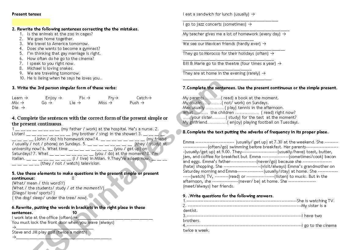 review of present tenses worksheet