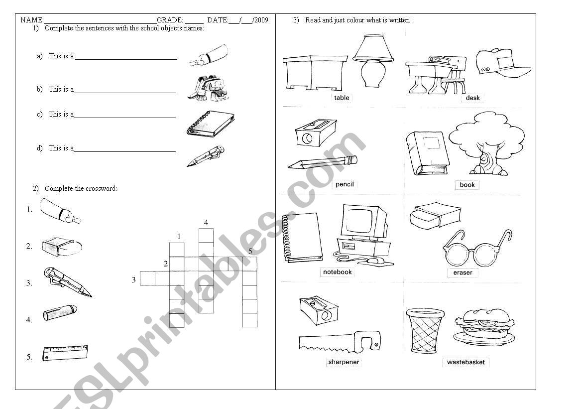 School materials worksheet