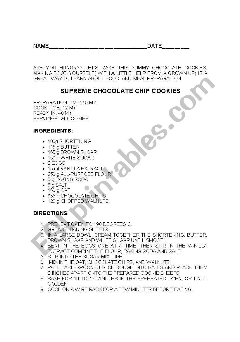 Chocolate Cookie worksheet