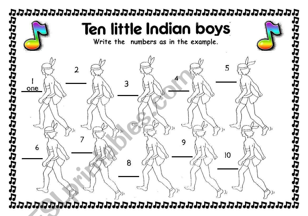 Song: Ten little indian boys worksheet