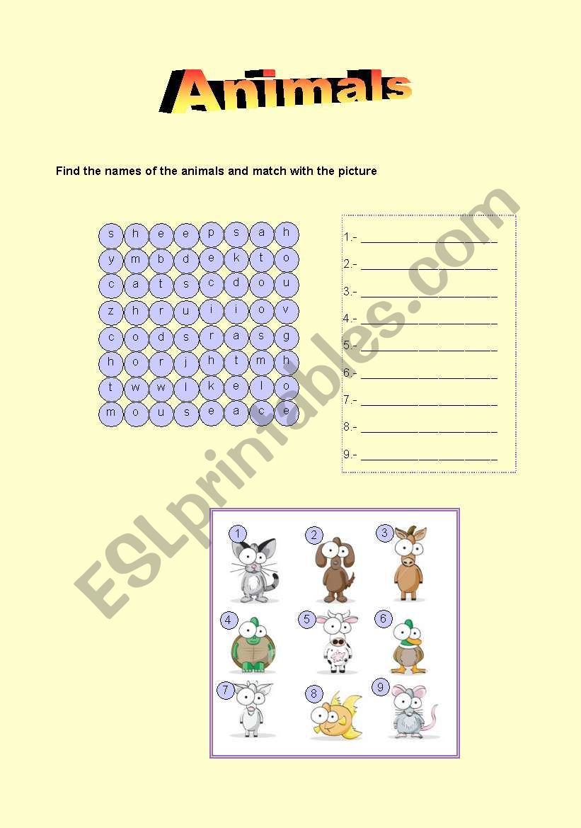 Funny animals wordsearch worksheet