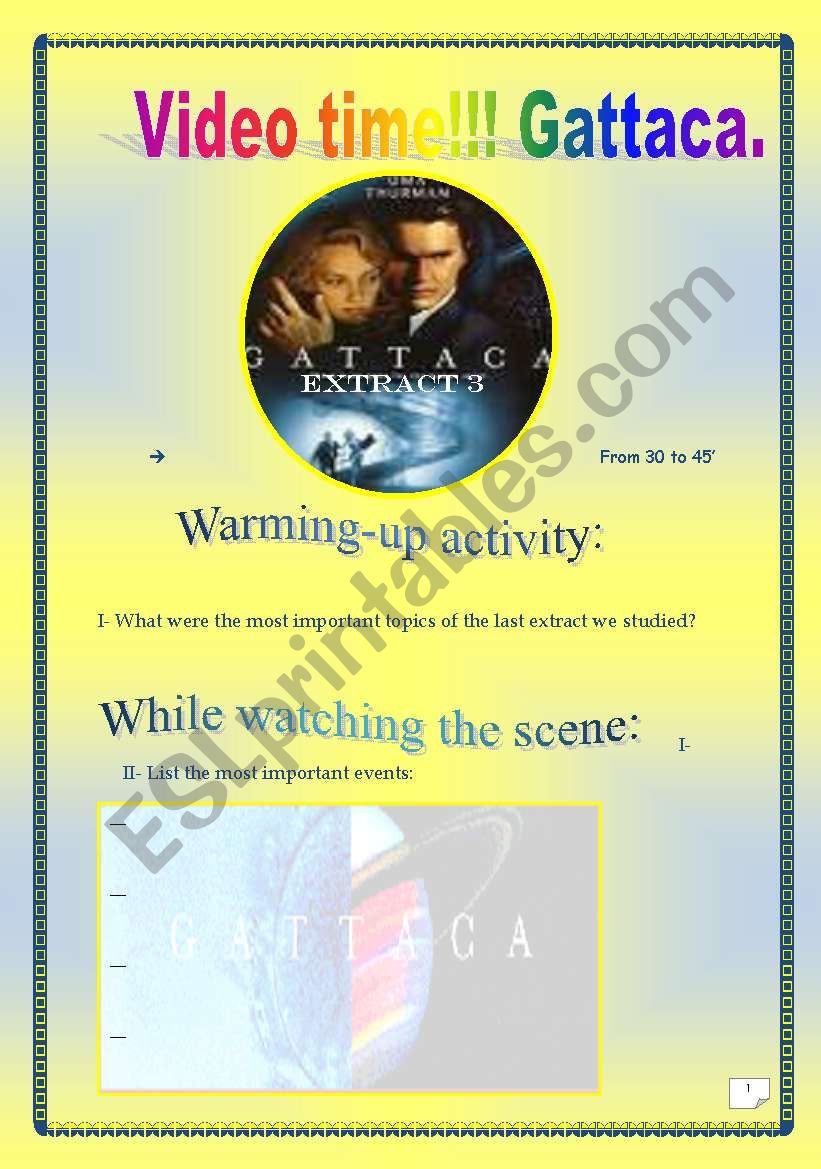 Video time! GATTACA (Extract # 3)- COMPREHENSIVE PROJECT (8 PAGES, 27 TASKS) ( Complete ANSWER KEY)