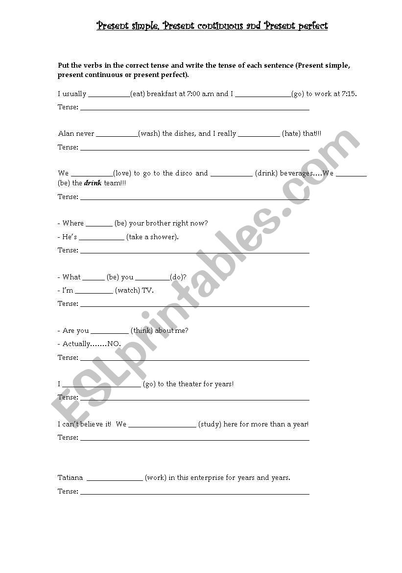 Present tenses worksheet
