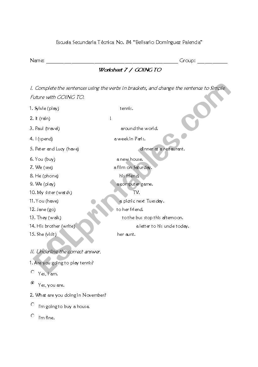 GOING TO EXERCISES worksheet