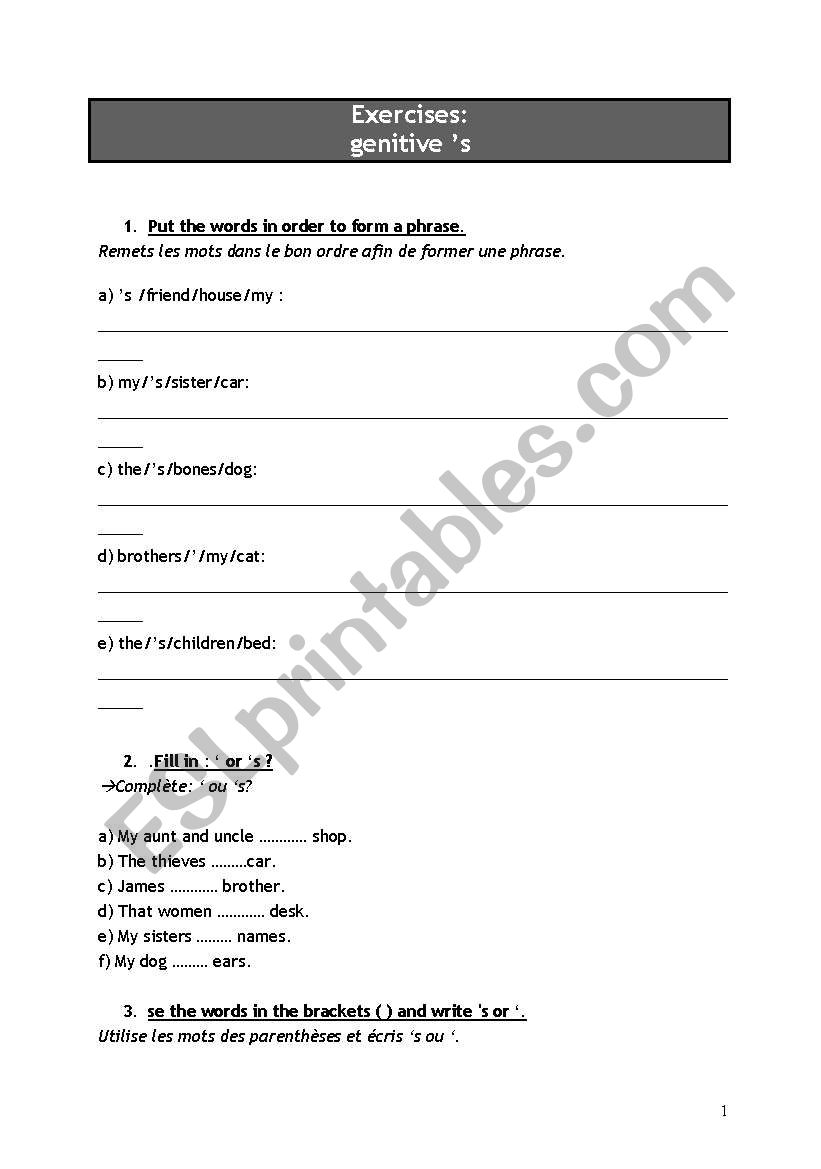 possessive case exercises worksheet