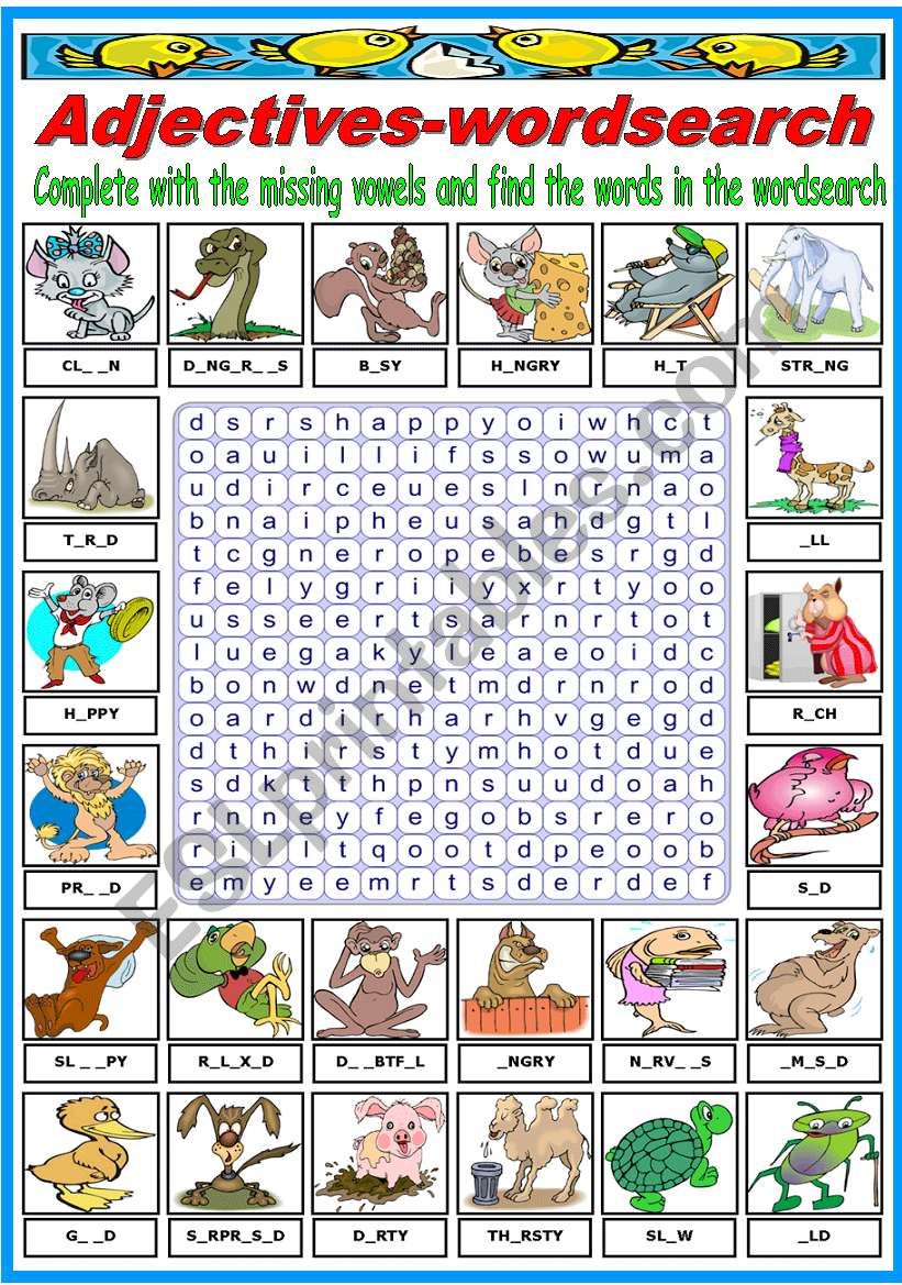 ADJECTIVES WITH ANIMALS-WORDSEARCH (B&W VERSION INCLUDED)