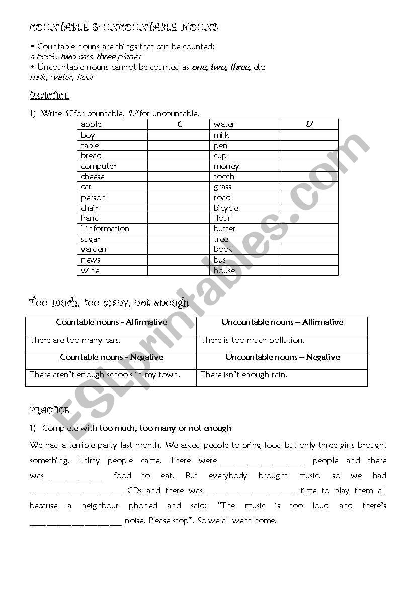 Countable & Uncountable nouns worksheet