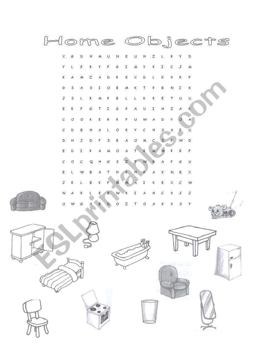 Home objects word search worksheet
