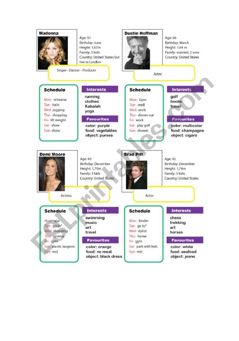 Celebrities flash cards worksheet