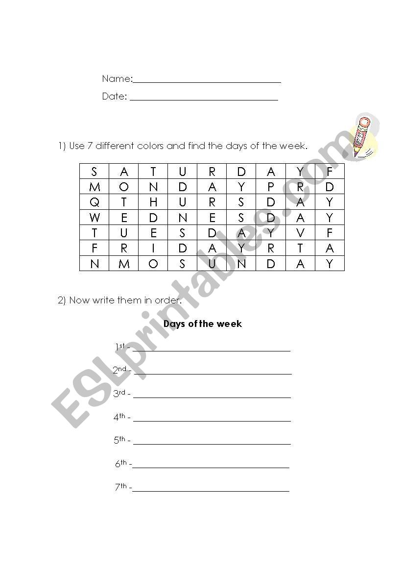 days of the week worksheet