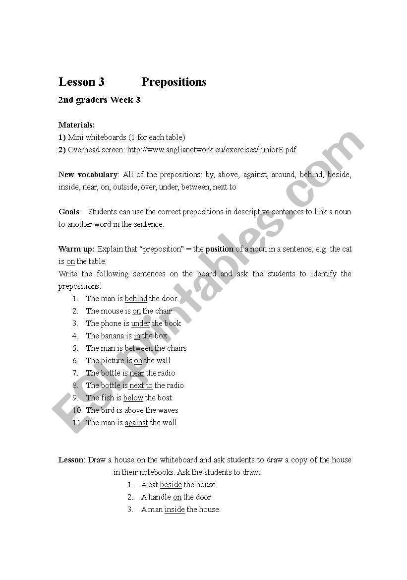 Prepositions lesson plan worksheet