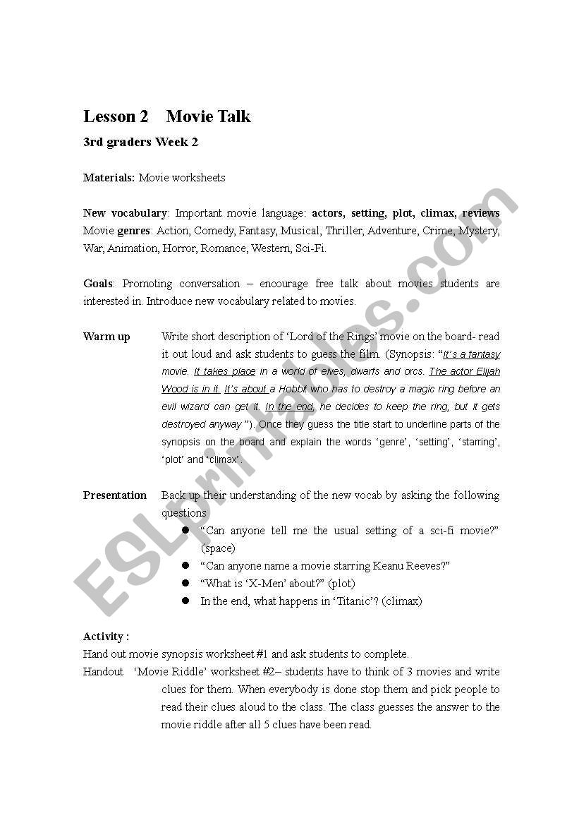 Movie Talk- lesson plan worksheet