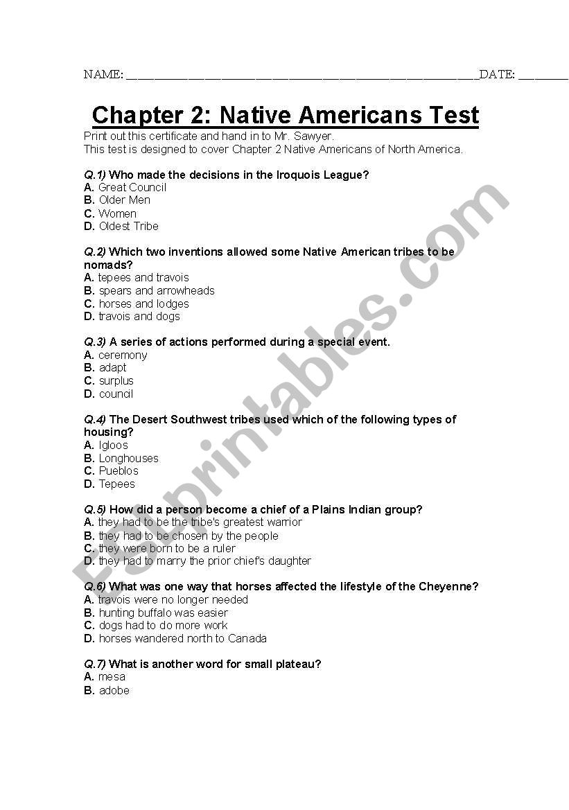 Ch 2 Native Americans Test worksheet