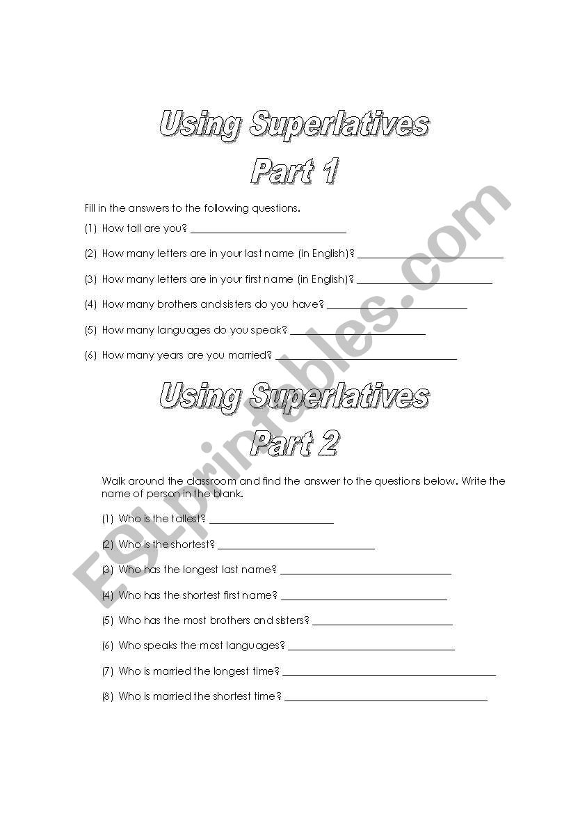 Using Superlatives Activity worksheet