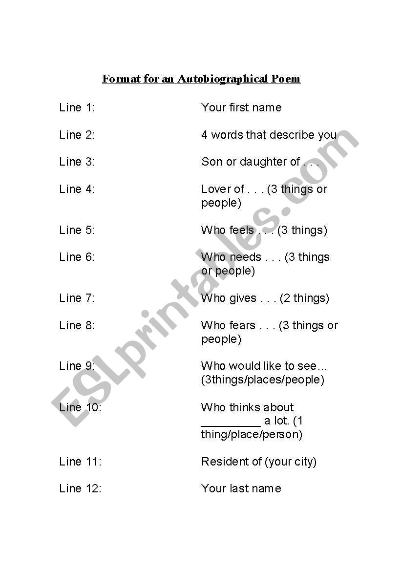 Autobiographical Poem worksheet