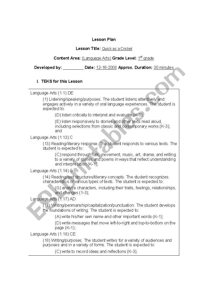 Quick as a Cricket Center worksheet