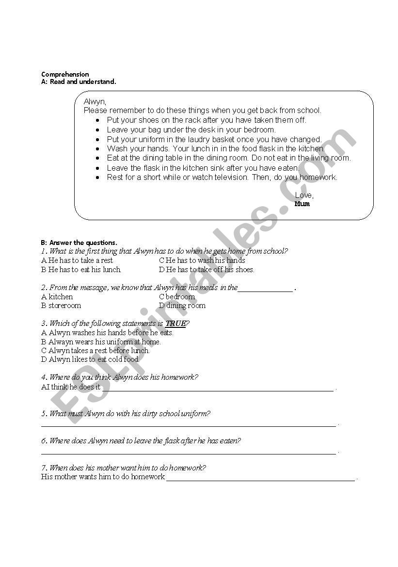 Comprehension worksheet