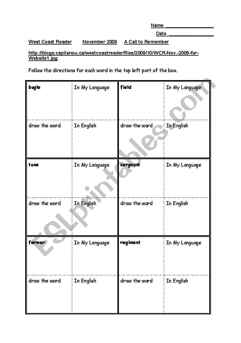 Remembrance Day Vocabulary Building Using the West Coast Reader Newspaper