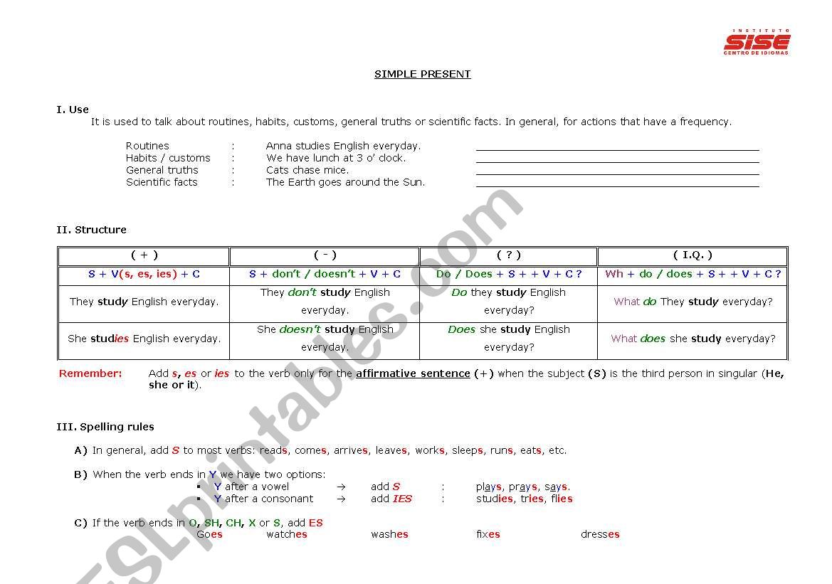 Present Simple: grammar guide worksheet