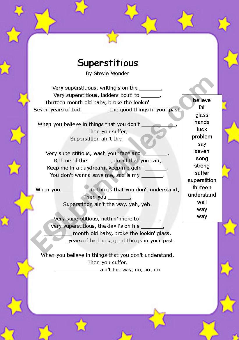 Superstitious Song worksheet