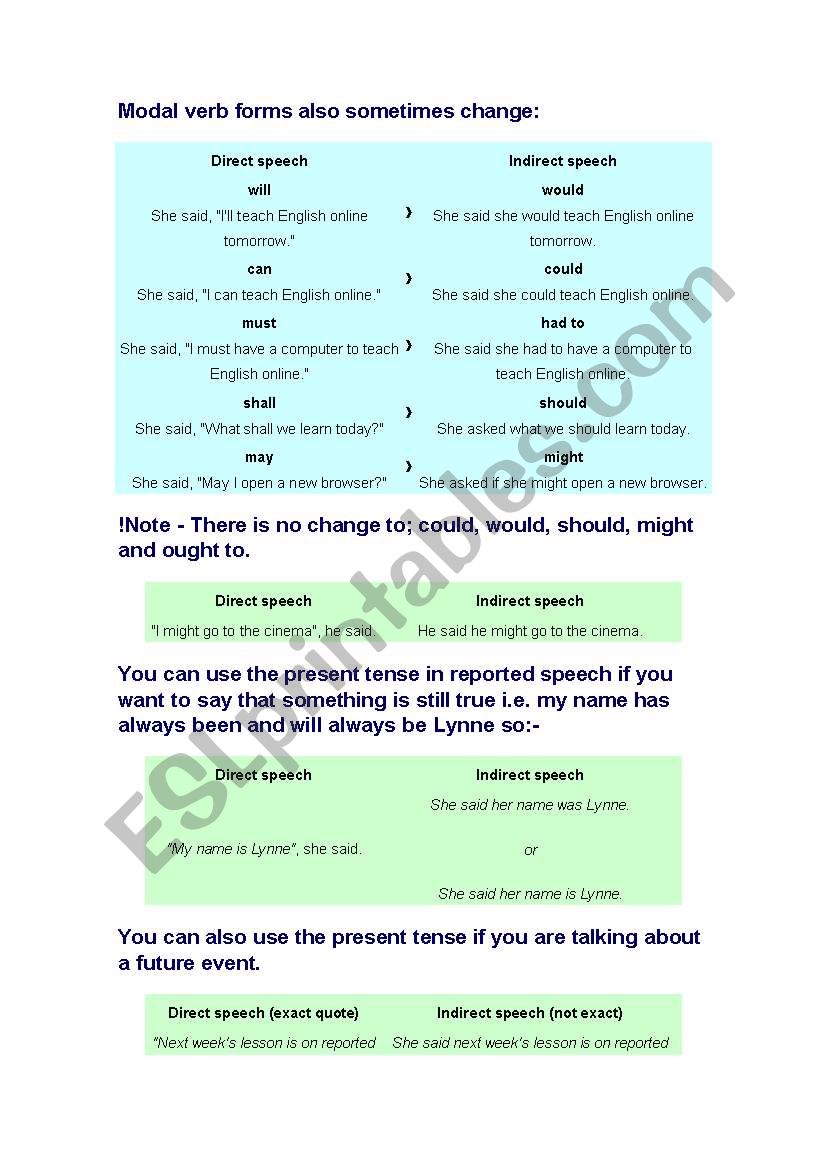 Indirect speech worksheet