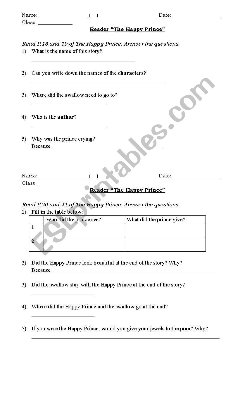 Happy Prince worksheet