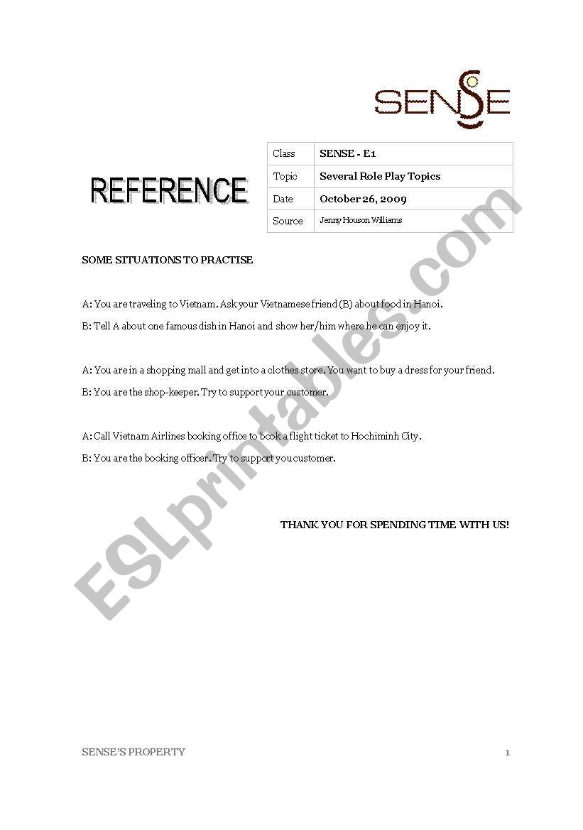 Role Play Topics worksheet