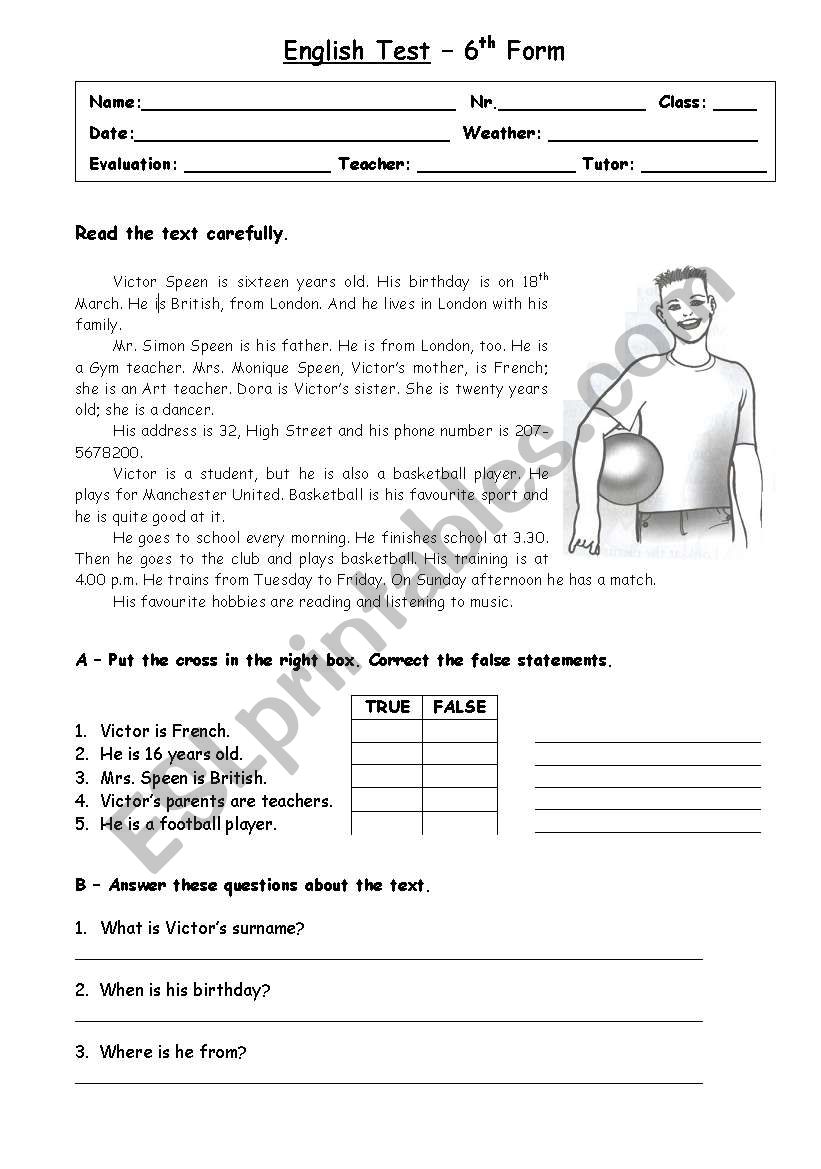 Test - 6Form worksheet