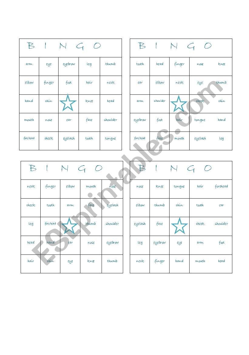 BODY PARTS BINGO (12 CARDS) worksheet