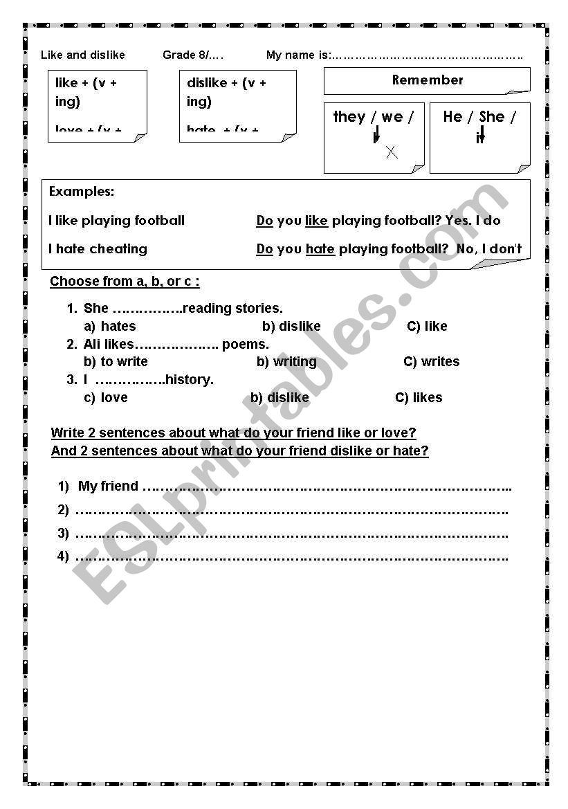 like and dislike worksheet