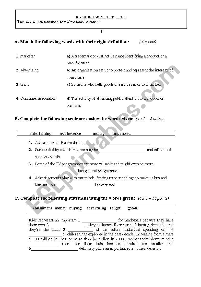 Test about advertising worksheet