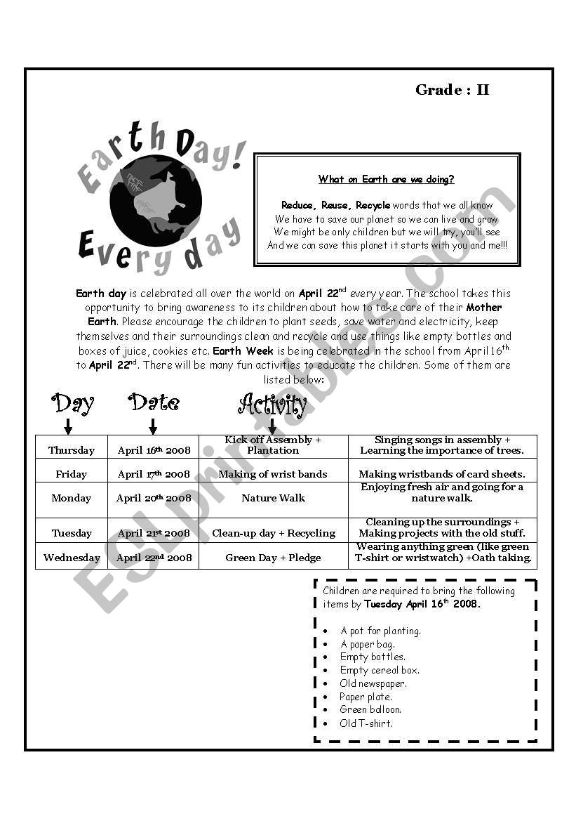 EARTH DAY ACTIVITIES worksheet