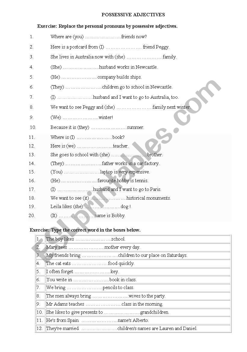 POSSESSIVE ADJECTIVES worksheet