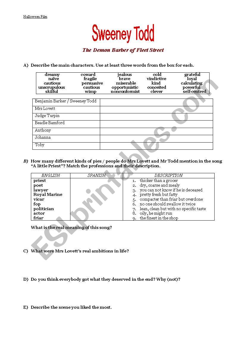 Sweeney Todd worksheet worksheet