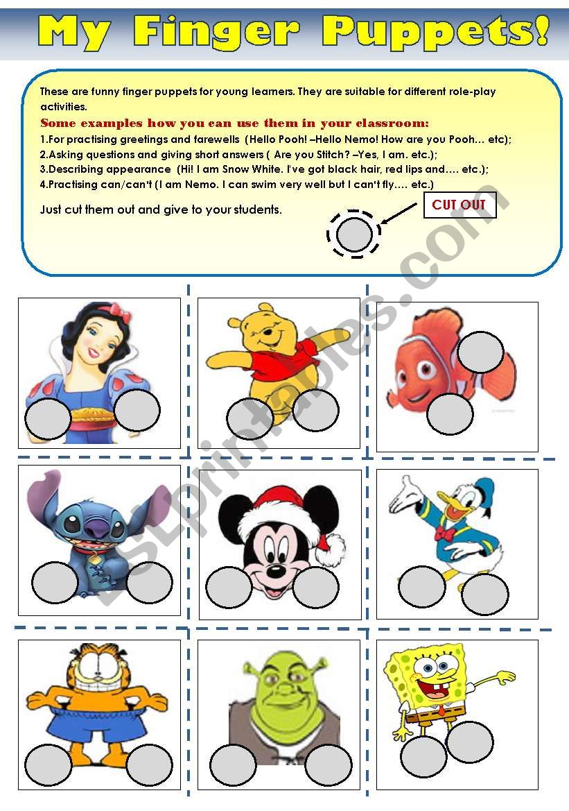 MY FINGER PUPPETS! - funny finger puppets with cartoon characters for role-playing and practising different lgrammar and vocabulary! 2 pages with some ideas how to use them